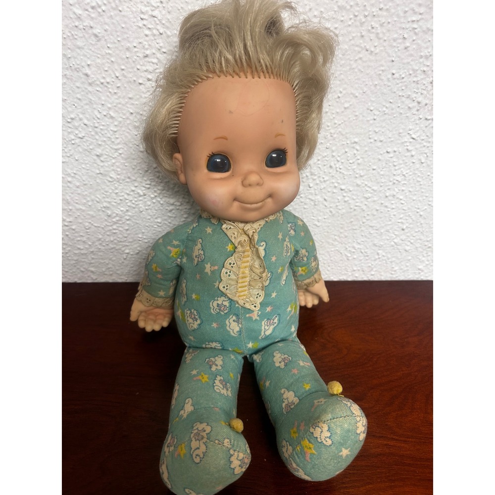 Vintage 1970's Soft Body Baby Love Light Doll Teal Cloud Star Sleeper Lace Trim